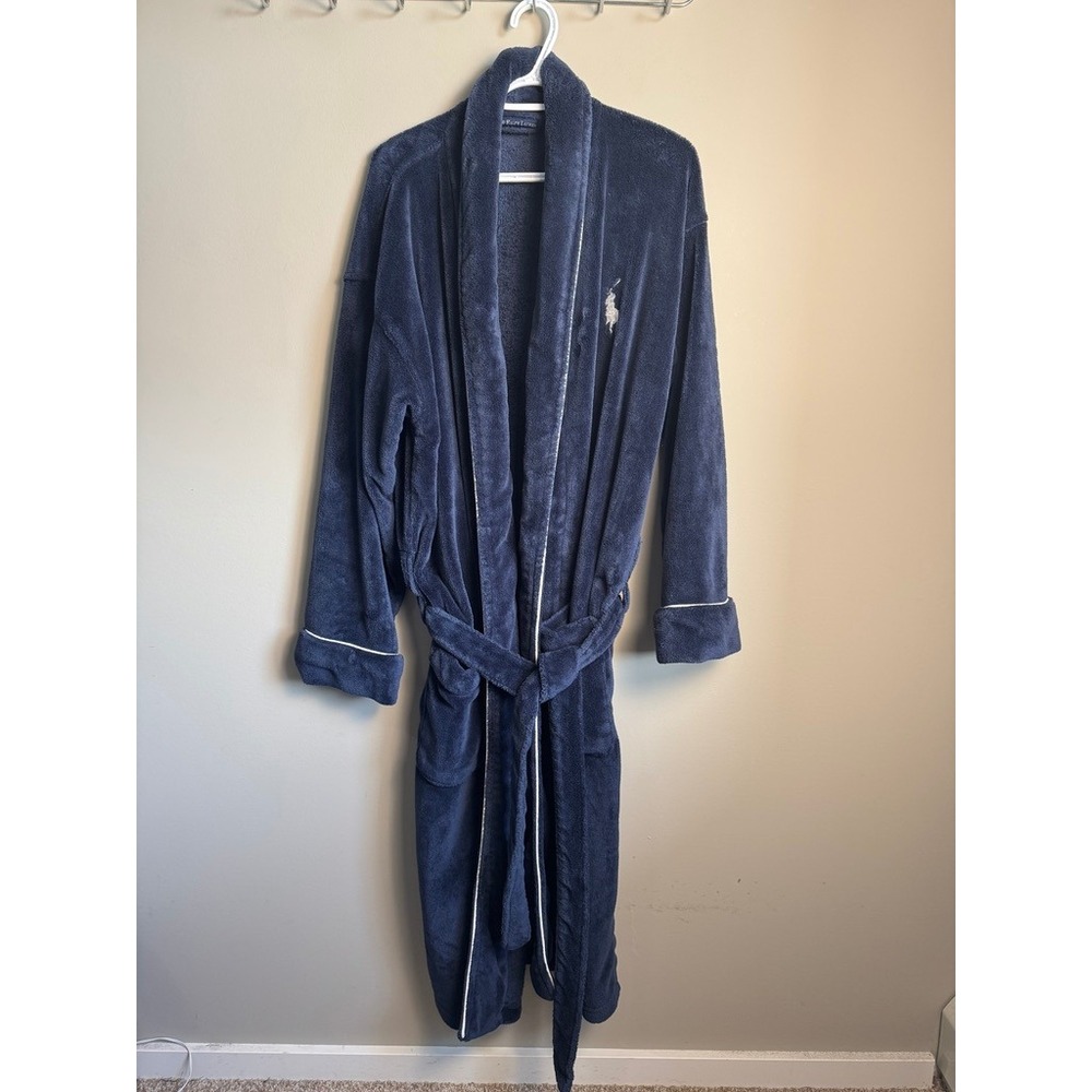 Polo Ralph Lauren Mens Navy Blue Plush Microfiber Robe OS Cozy Loungewear Robe